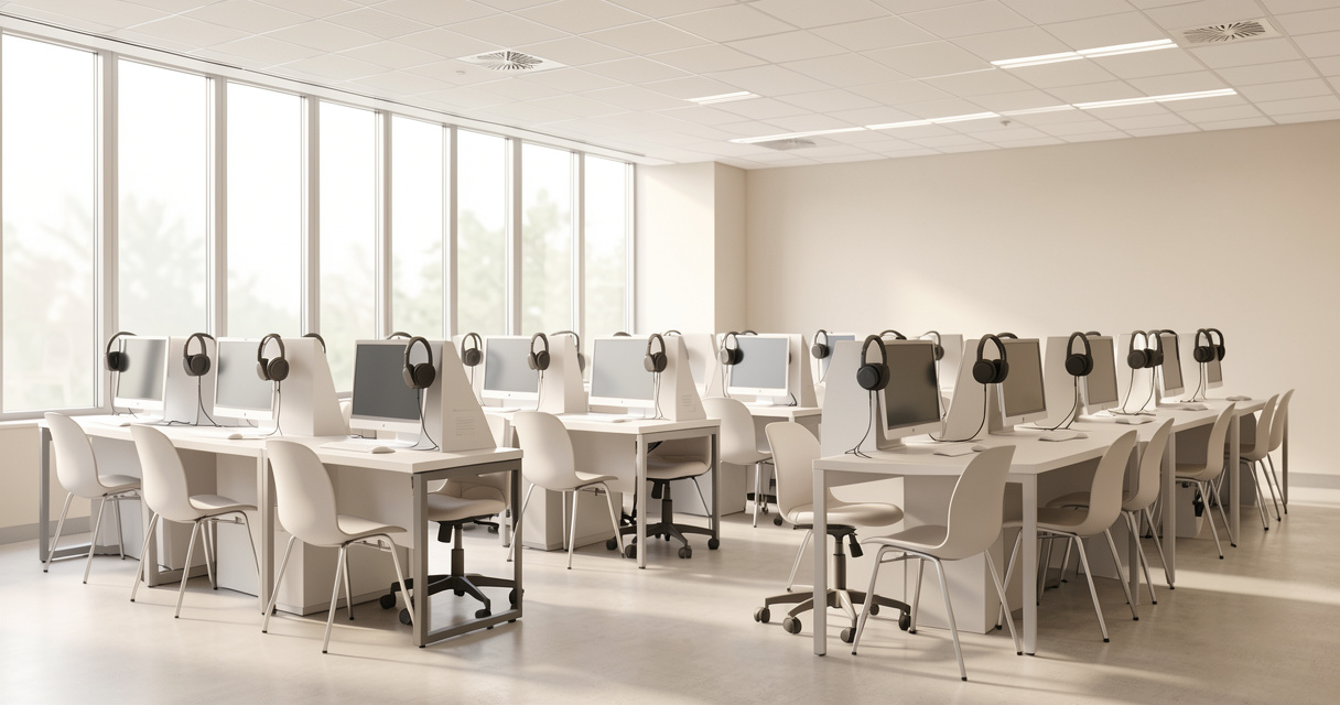 Salle d'examen du test d'anglais IELTS avec postes informatiques équipés de casques