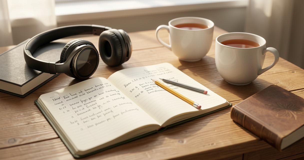 Préparation au test anglais IELTS : bureau, cahier de notes et casque audio